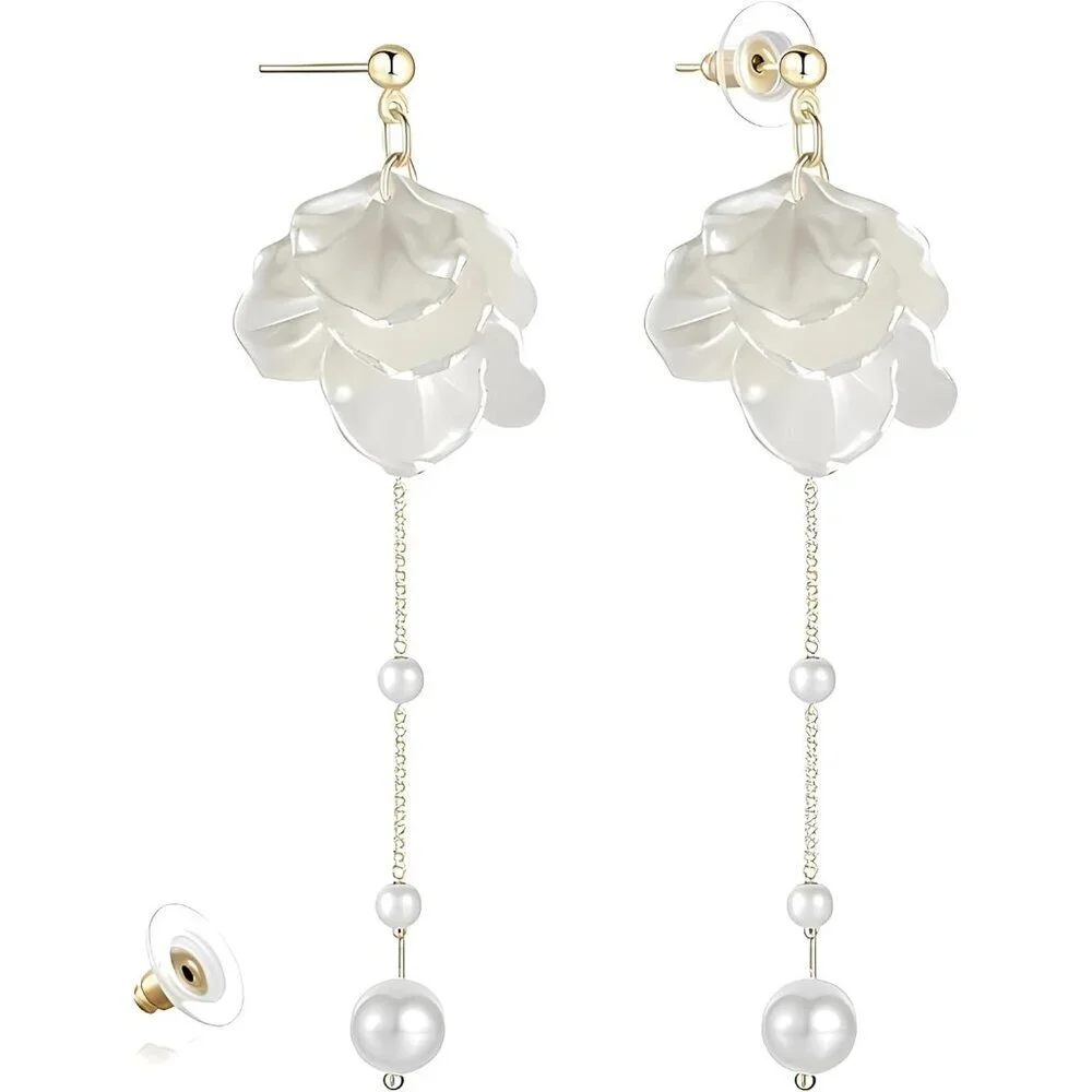 Pearl Flower Dangle Earrings Faux Pearls Beach Wedding Drop Jewelry